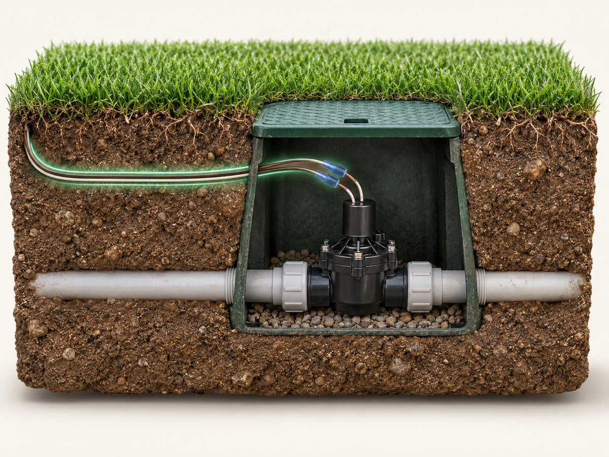 Cutaway of a lawn: the valve box underground, the zone valve inside, wires running back to the controller