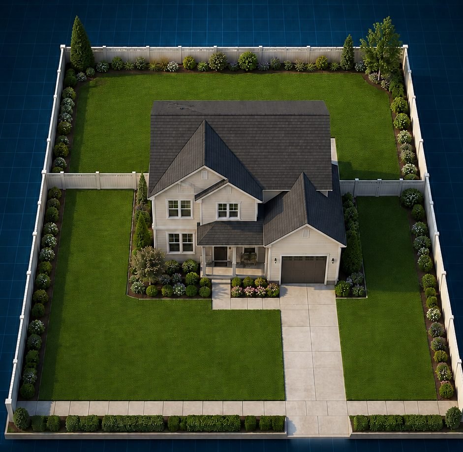 Aerial view of a house and yard with a sensor marked in each of five zones and the controller on the garage wall