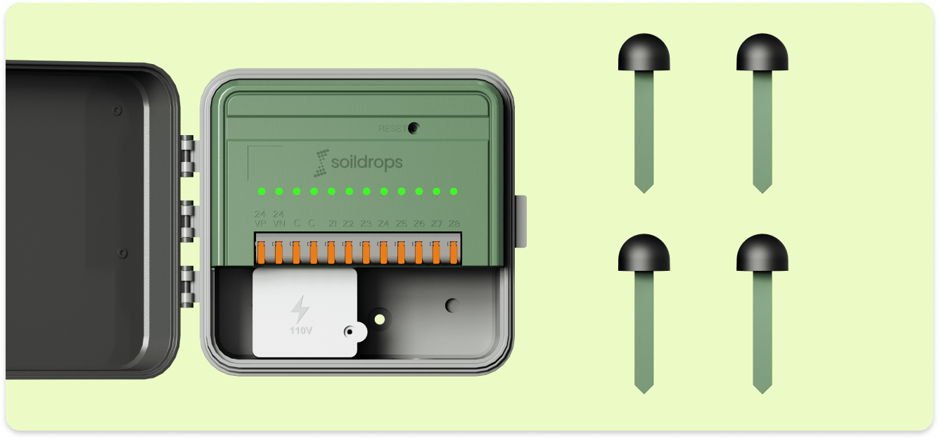 SoilDrops Yard Membership — 8-zone controller and four wireless soil sensors included
