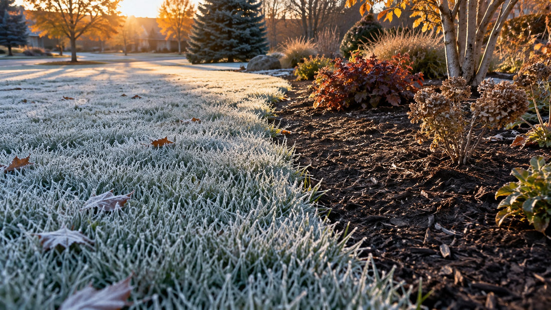 Frost line dividing frozen lawn from thawed garden soil in morning sun.