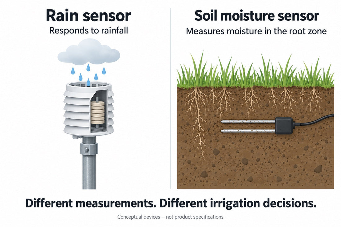Conceptual comparison: an above-ground rain sensor responds to rainfall, while a buried soil-moisture probe measures water in the root zone.