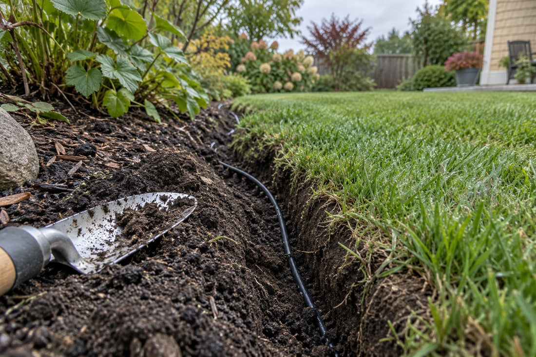 Illustrative soil-moisture monitoring installation at a lawn edge, with a sensor cable routed through the soil.