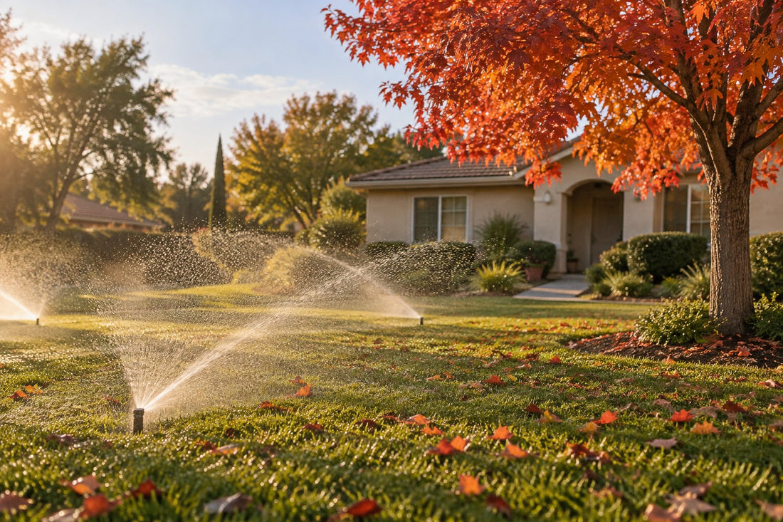 Pop-up sprinklers spraying a green lawn covered in fallen red and orange leaves in low autumn sun, with a stucco house behind