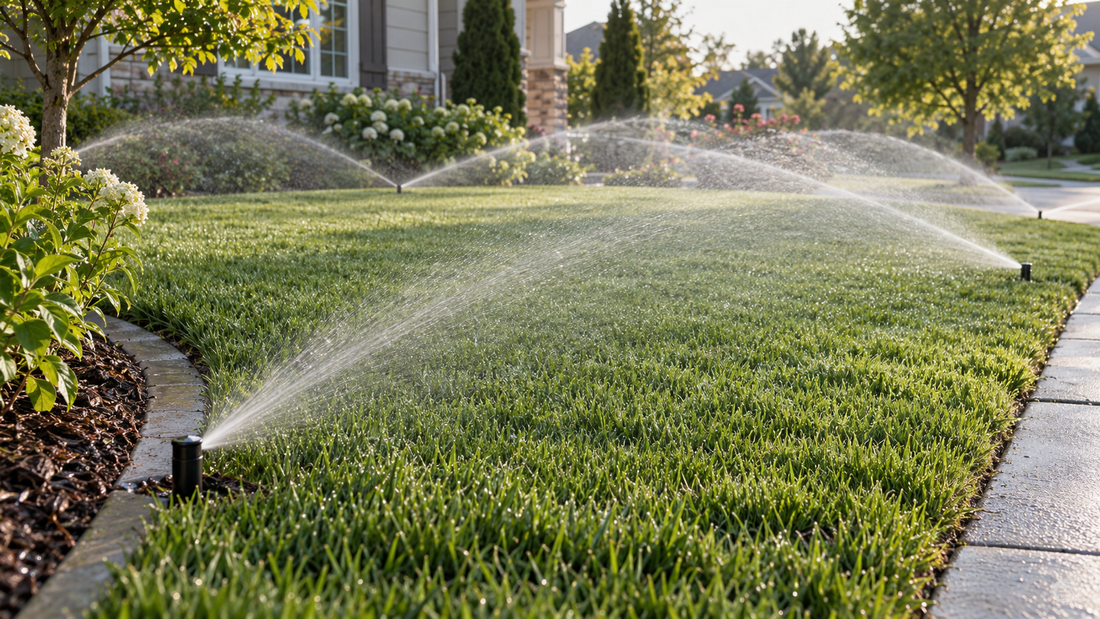 Wide lawn with sprinkler heads arranged for overlapping coverage