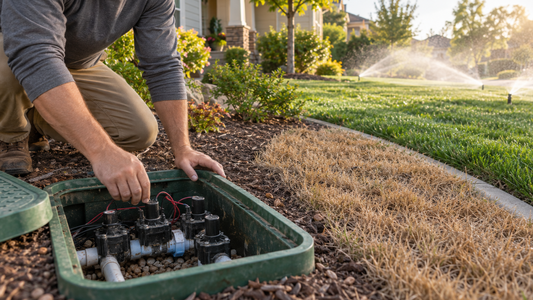 Homeowner inspecting an irrigation valve box beside a sprinkler zone that will not run