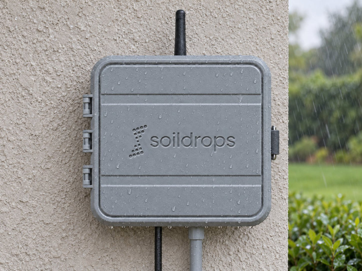 SoilDrops controller on a stucco wall in the rain