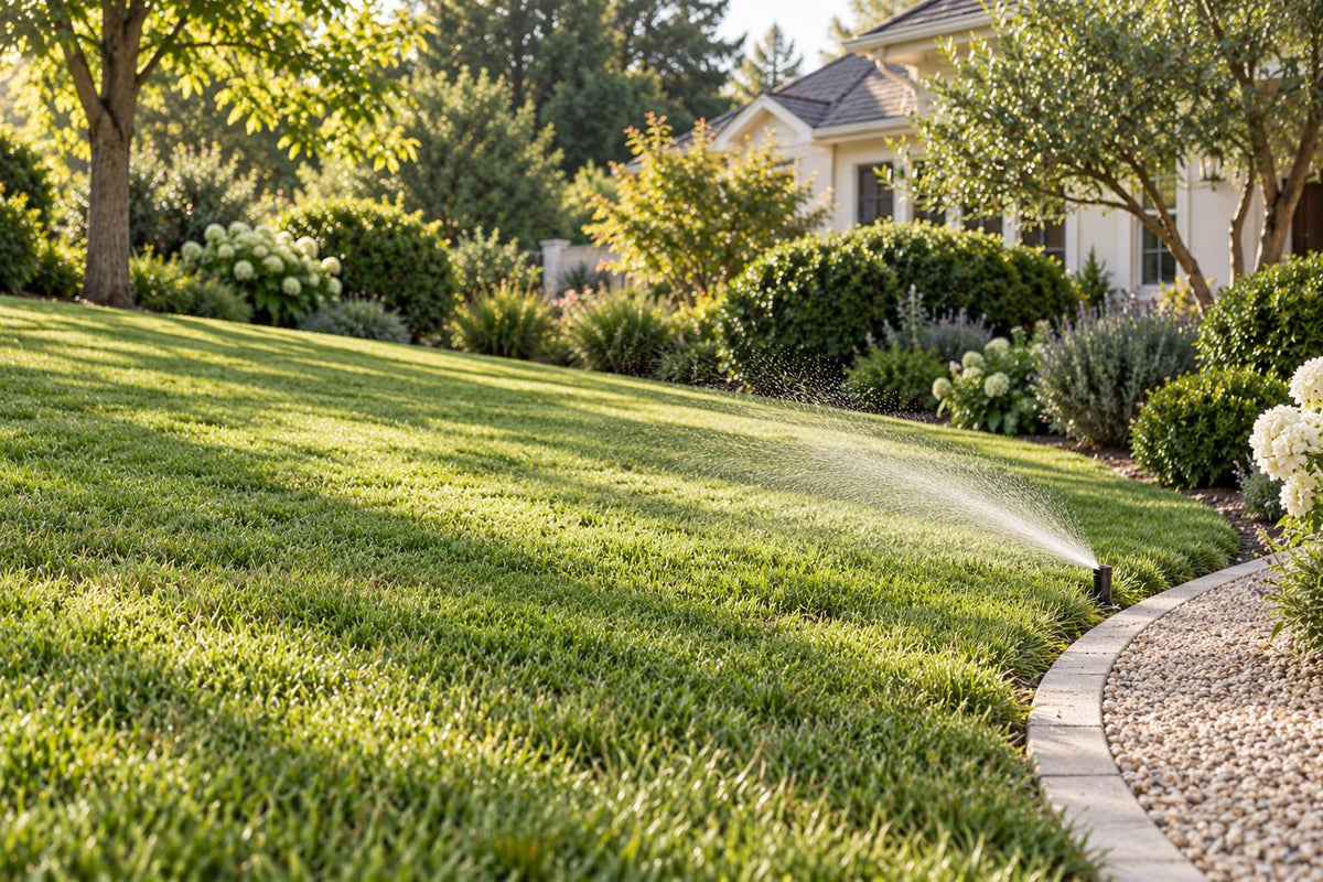 A sprinkler running on an already wet lawn