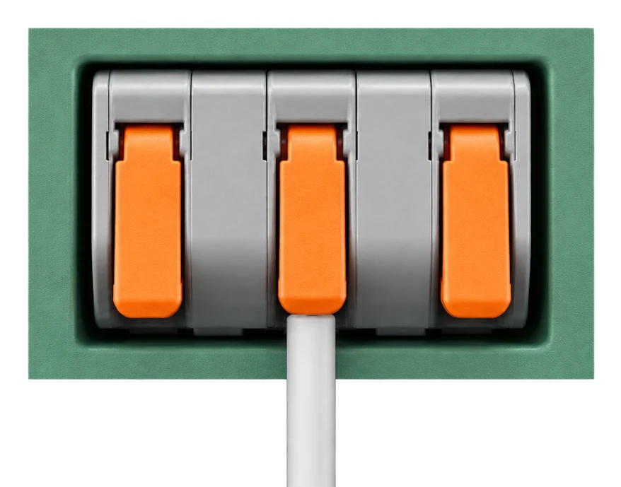 Orange lever terminal: lift the lever, push the wire in, close the lever