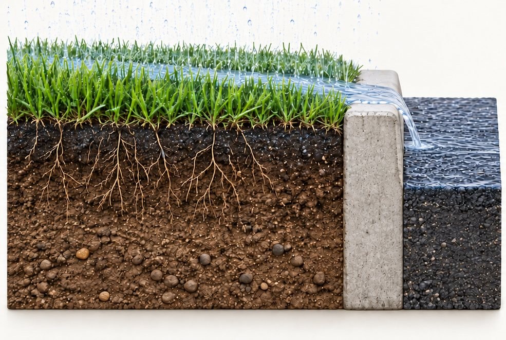 Lawn cross-section: one long run, water sheeting off the grass into the street