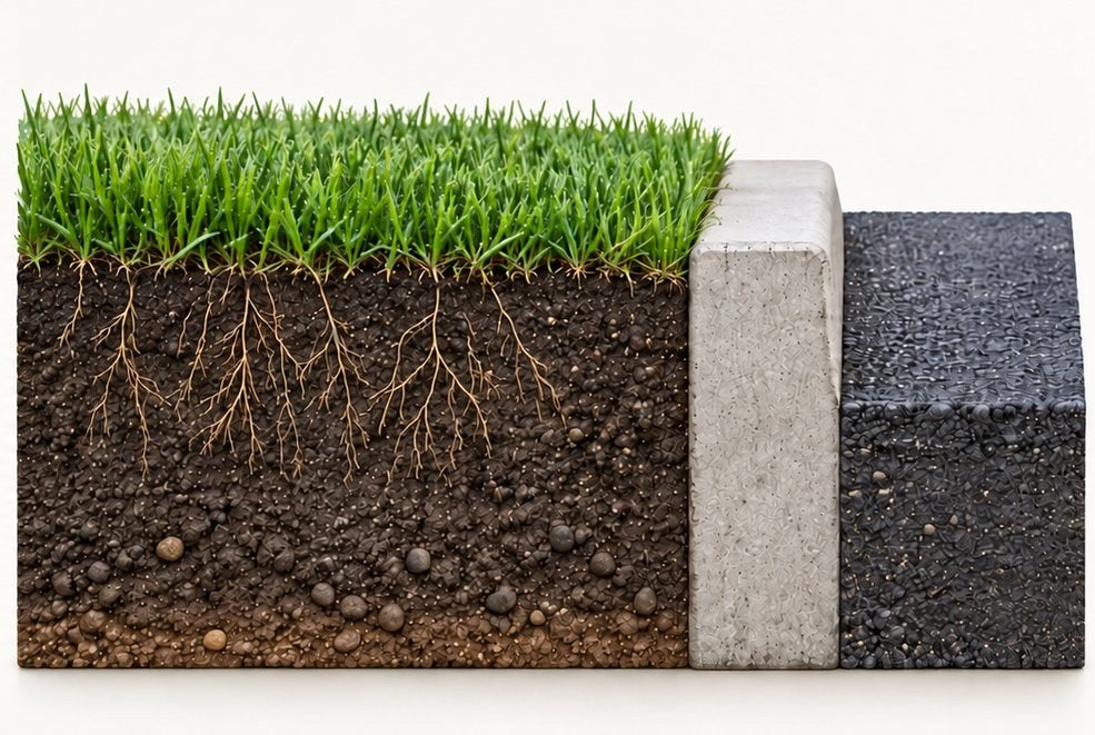 Lawn cross-section: short cycles with soak breaks, water held around the roots