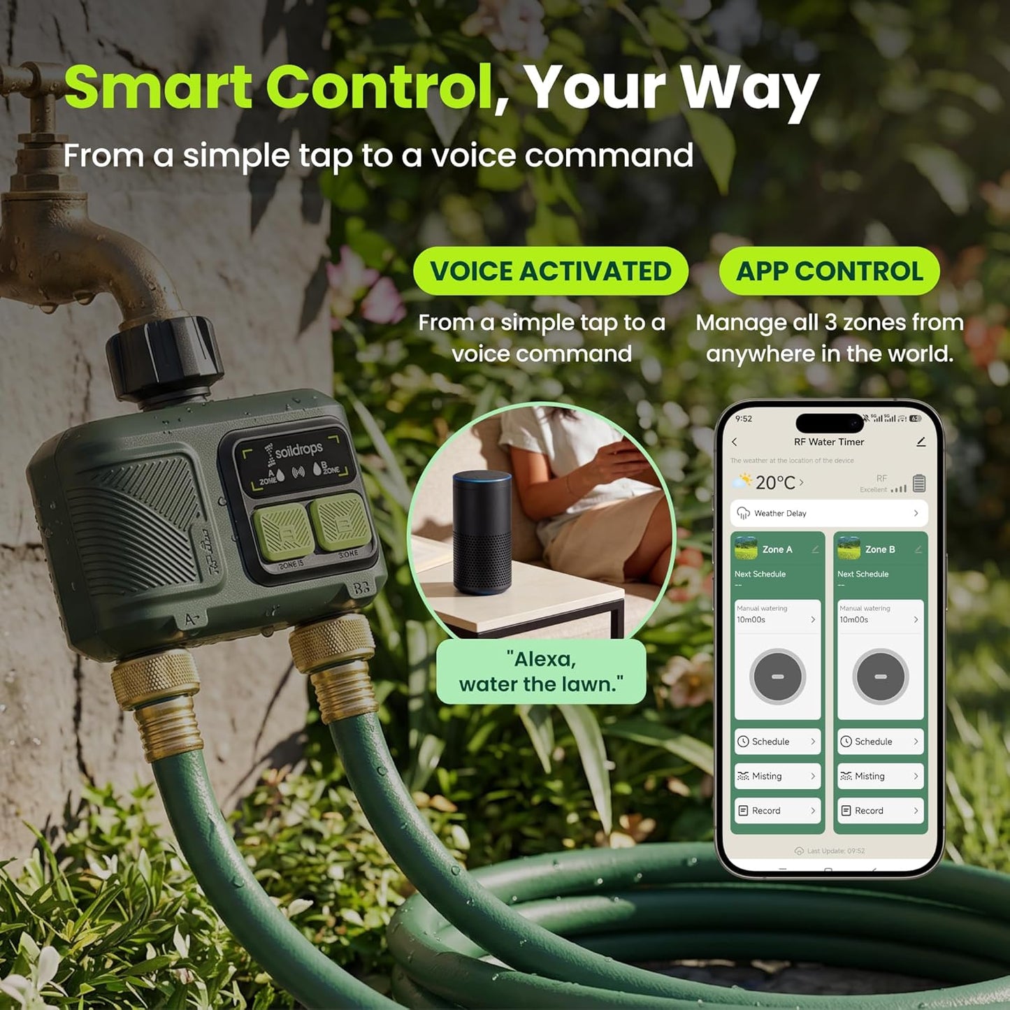 Soildrops Smart Sprinkler Timer — 2 Zones, App Control, 1,000 ft Wi - Fi Hub - Soildrops