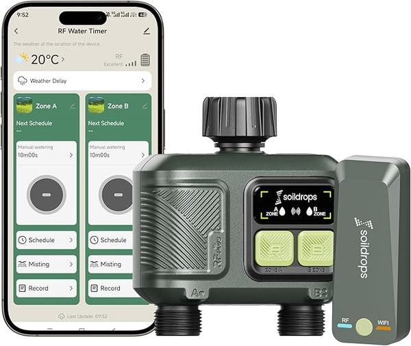 Soildrops Smart Sprinkler Timer — 2 Zones, App Control, 1,000 ft Wi - Fi Hub - Soildrops