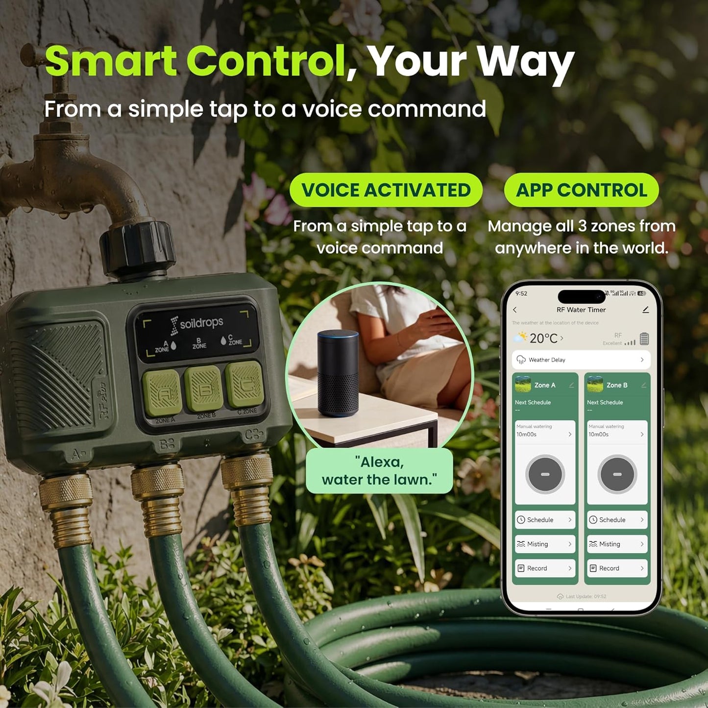 Soildrops Smart Sprinkler Timer — 3 Zones, App Control, 1,000 ft Wi - Fi Hub - Soildrops